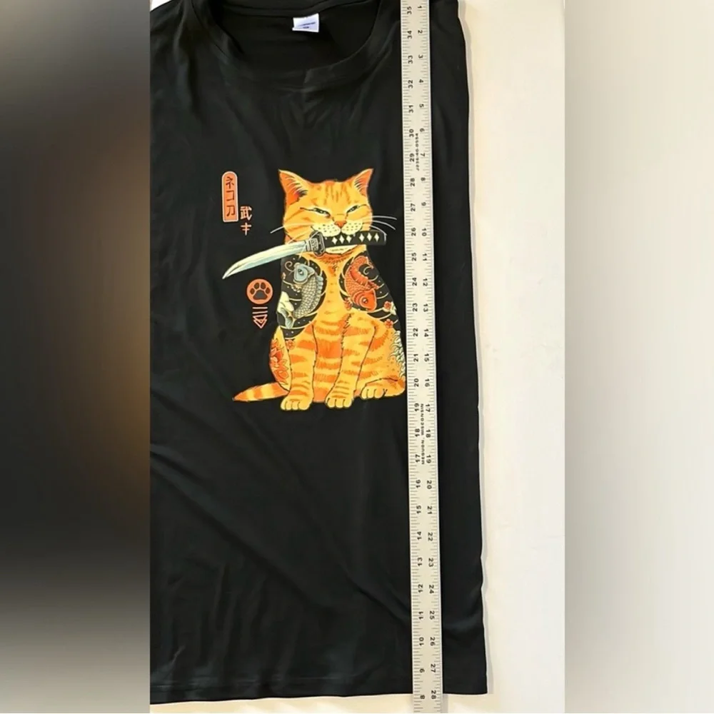 Samurai Tabby Cat Knife Koi Fish Black Graphic Men's Short Sleeve Tee Unisex Med - Picture 8 of 8